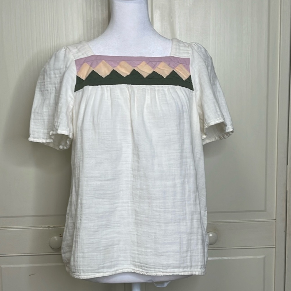 Madewell Women’s White Linen Patchwork Square Neck Short Sleeve Shirt Size M